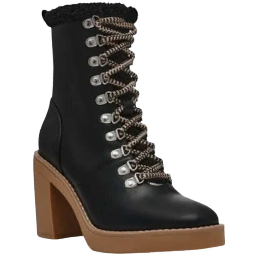 Dolce Vita Carmen Faux Fur Shearling Lace Up Heeled Boots Women's 9 Black NWOB